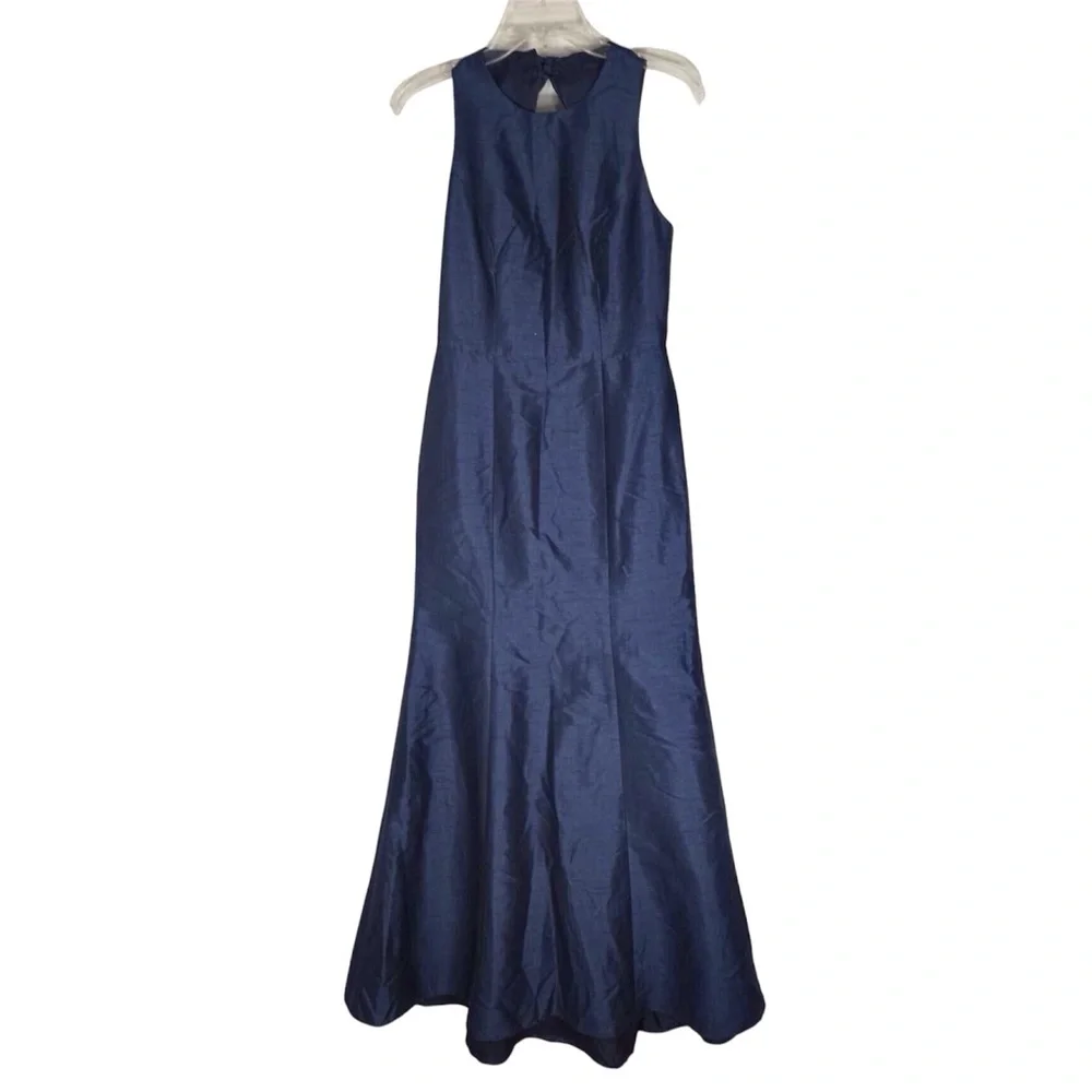 Alfred Sung Bow Open Back Trumpet Gown Blue Jewel Neck Front Slit Size 4 D734 - Picture 2 of 10